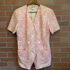 Vintage Maggy London Women's 2 pc. Top Skirt Set Pink Size 14 Linen Short Sleeve